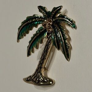 Vintage Napier Rhinestone Enamel Palm Tree Gold Plated Brooch Pin Signed 2.75"